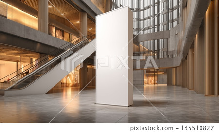 Modern architectural interior with empty display panel and escalator in a spacious atrium 135510827