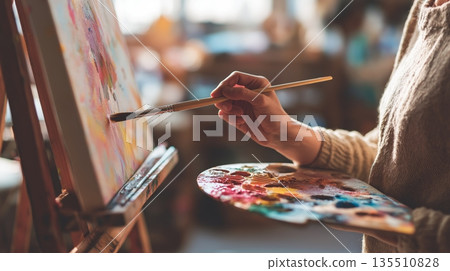Artist painting on canvas with vibrant colors and creative expression in a bright studio environment 135510828