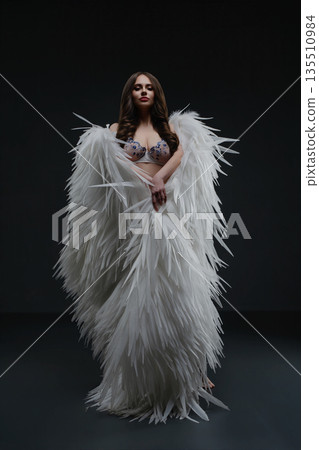 Dramatic studio portrait of a sensual woman wrapped in large white wings. Dramatic studio portrait of a sensual woman wrapped in large white wings. 135510984