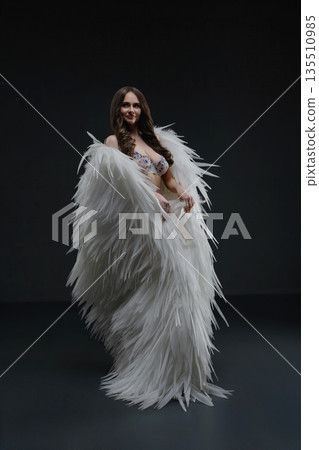 Elegant woman in lingerie wrapped in large white angel wings against a dark grey background. 135510985