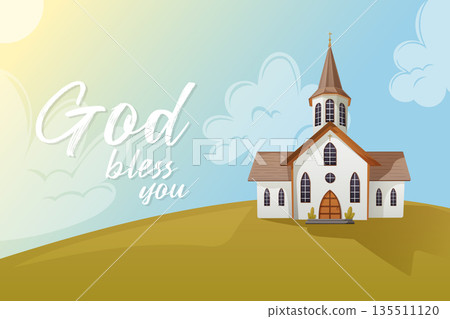 Christian Easter greeting card with church and blessing message in soft vector style 135511120