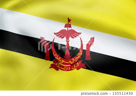 National flag of Brunei with yellow field diagonal stripes and red crest emblem. 135511430