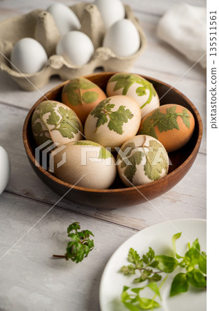 DIY Easter eggs with natural leaves, creating patterns on eggs using plants. Eco friendly colouring easter eggs DIY Easter eggs with natural leaves, creating patterns on eggs using plants. Eco friendly colouring easter eggs 135511561