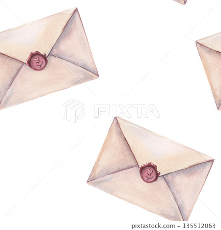 Watercolor seamless pattern, envelopes, wax seal. Hand-painted illustration isolated on white for stationery, invitations, packaging, textiles, branding, scrapbooking, romantic vintage design, decor Watercolor seamless pattern, envelopes, wax seal. Hand-painted illustration isolated on white for stationery, invitations, packaging, textiles, branding, scrapbooking, romantic vintage design, decor 135512063