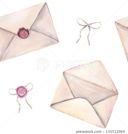 Watercolor seamless pattern, envelopes, wax seal, bows. Hand-painted illustration isolated on white for stationery, invitations, packaging, textiles, branding, scrapbooking, romantic design, decor 135512064
