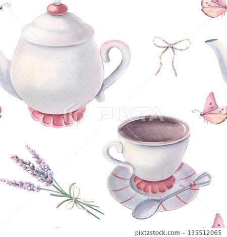 Watercolor seamless pattern with tea set, lavender bouquets, butterflies. Hand-painted illustrations isolated on white for stationery, packaging, textile, branding, party invitation, vintage design Watercolor seamless pattern with tea set, lavender bouquets, butterflies. Hand-painted illustrations isolated on white for stationery, packaging, textile, branding, party invitation, vintage design 135512065