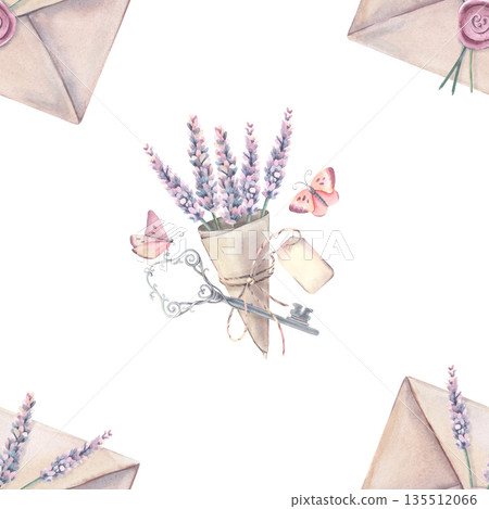 Watercolor seamless pattern, lavender compositions. Hand-painted illustration isolated on white for stationery, invitations, packaging, textiles, branding, scrapbooking, romantic design, decor 135512066