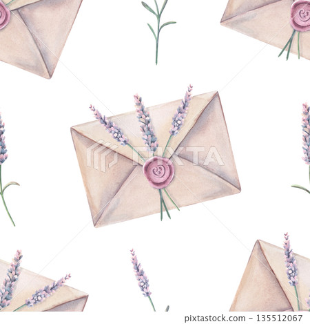 Watercolor seamless pattern, envelopes, lavender, wax seal. Hand-painted illustration isolated on white for stationery, invitations, packaging, textiles, branding, scrapbooking, romantic design, decor Watercolor seamless pattern, envelopes, lavender, wax seal. Hand-painted illustration isolated on white for stationery, invitations, packaging, textiles, branding, scrapbooking, romantic design, decor 135512067