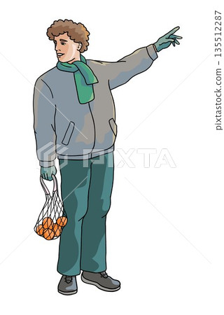 Hand drawn illustration of a person carrying groceries during winter season. Cozy everyday life scene representing shopping, winter lifestyle, cold weather routine and casual fashion.  135512287