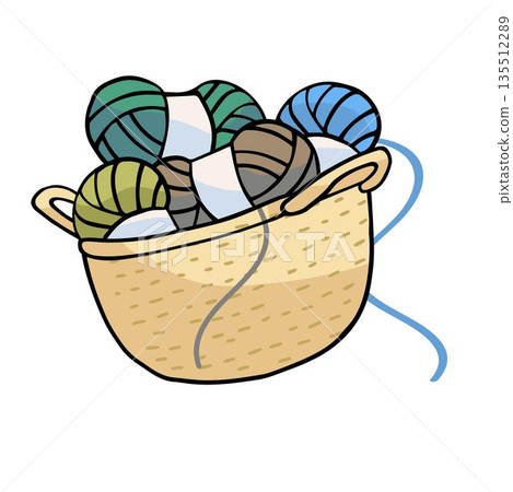 Basket with yarn balls, hand drawn illustration 135512289