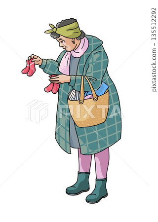 Hand drawn illustration of a woman shopping at a winter market. Cozy seasonal scene representing lifestyle, small business, local market, winter shopping and everyday routine. 135512292