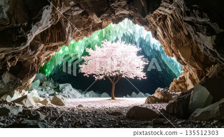 櫻花盛開，四周環繞著水晶洞穴——一個充滿光芒的奇幻春日世界 135512303