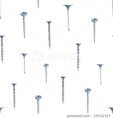 Vertical seamless pattern with iron screws and nails on an insulated background. Watercolor illustration. The realistic template is suitable for packaging, wallpaper, wrapping paper, as well as for Vertical seamless pattern with iron screws and nails on an insulated background. Watercolor illustration. The realistic template is suitable for packaging, wallpaper, wrapping paper, as well as for 135512327