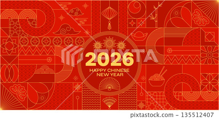 2026 Happy Chinese New Year card. Red gold Lunar calendar 2026 Happy Chinese New Year card. Red gold Lunar calendar 135512407