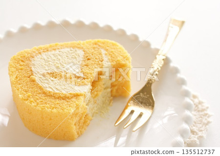 Fresh cream roll cake and tea Fresh cream roll cake and tea 135512737