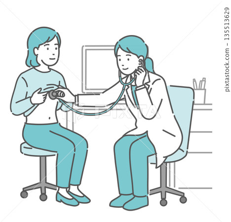 圖:一位身穿白大褂的女醫師正在聽診和檢查一位女病人。 圖:一位身穿白大褂的女醫師正在聽診和檢查一位女病人。 135513629