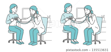 一組插圖,描繪了一位身穿白大褂的女醫生為一位女病人聽診(正常、異常、不適) 一組插圖,描繪了一位身穿白大褂的女醫生為一位女病人聽診(正常、異常、不適) 135513631