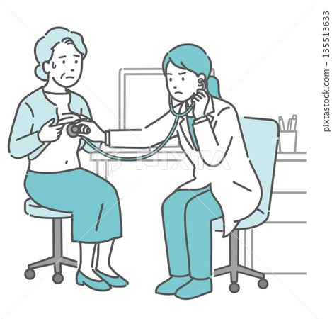 Illustration of a sweaty elderly woman receiving a stethoscope and a female doctor in a white coat with a serious expression 135513633