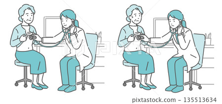一組插圖，描繪了一位身穿白大褂的女醫生為老年女性進行聽診（正常、異常、不適） 135513634
