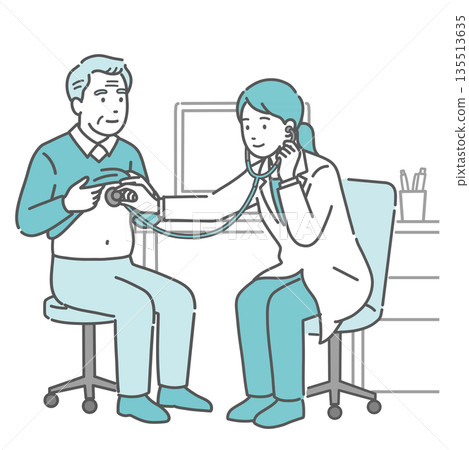 Illustration of a female doctor in a white coat auscultating and examining an elderly man 135513635