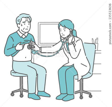 Illustration of a sweaty elderly man receiving a stethoscope and a female doctor in a white coat with a serious expression Illustration of a sweaty elderly man receiving a stethoscope and a female doctor in a white coat with a serious expression 135513636