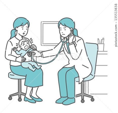 Illustration of a crying baby being auscultated and a female doctor in a white coat with a serious expression Illustration of a crying baby being auscultated and a female doctor in a white coat with a serious expression 135513638