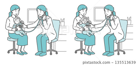 Auscultation illustration set of a baby and mother by a female doctor in a white coat (smiling, crying, unwell) 135513639