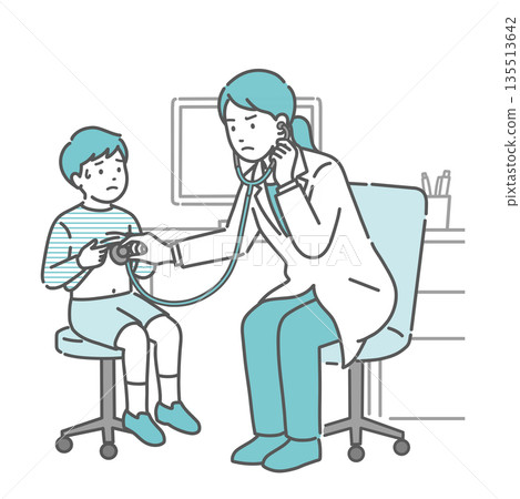 Illustration of a boy with a cold sweat receiving a stethoscope and a female doctor in a white coat with a serious expression 135513642