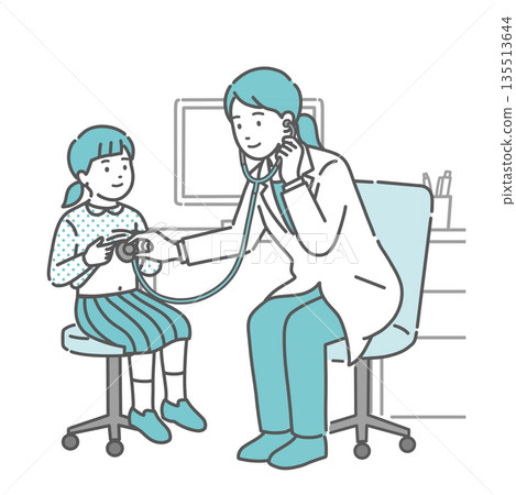 Illustration of a female doctor in a white coat auscultating and examining a girl Illustration of a female doctor in a white coat auscultating and examining a girl 135513644