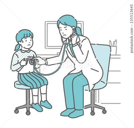 Illustration of a girl with a cold sweat receiving a stethoscope and a female doctor in a white coat with a serious expression 135513645