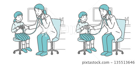 Illustration set of a girl's auscultation by a female doctor in a white coat (normal, abnormal, unwell) Illustration set of a girl's auscultation by a female doctor in a white coat (normal, abnormal, unwell) 135513646