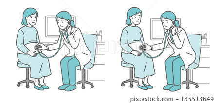 Illustration set of auscultation of a pregnant woman by a female doctor in a white coat (normal, abnormal, unwell) Illustration set of auscultation of a pregnant woman by a female doctor in a white coat (normal, abnormal, unwell) 135513649