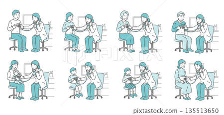 Auscultation illustration set of patients of all ages by a female doctor in a white coat (men and women of all ages, pregnant women) 135513650