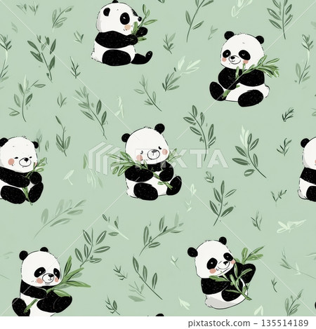 Playful pandas eat and roll among green bamboo on a mint background. Perfect for nursery wallpaper, pajamas, or other fabric designs. 135514189