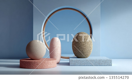 Shapes of stone geometry are arranged within a simple space featuring a round mirror and soft colors. The setting suggests a creative exploration. 135514270