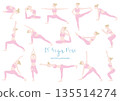 Illustration of a woman doing 15 different yoga poses 135514274