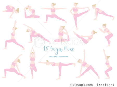 插圖描繪了一位女性擺出15種不同的瑜珈姿勢 135514274