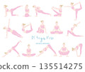 Illustration of a woman doing 15 different yoga poses 135514275
