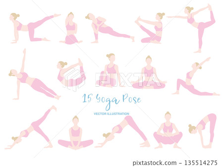插圖描繪了一位女性擺出15種不同的瑜珈姿勢 135514275