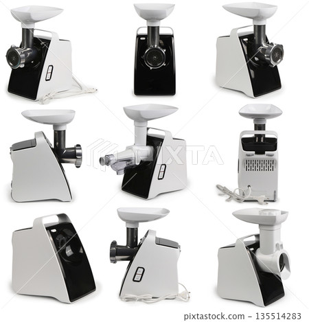 Nine Modern Electric Meat Grinder with White and Black Casing Isolated on White. 135514283