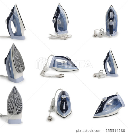 Nine Modern Electric Steam Iron Isolated on White Background for Laundry and Household Chores 135514288