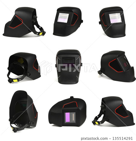 Set of black auto-darkening welding helmets in various angles 135514291