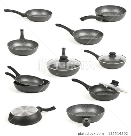 Set of non-stick frying pans in different angles collage 135514292
