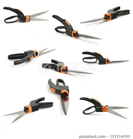 Collection of garden grass shears in various angles isolated on white Collection of garden grass shears in various angles isolated on white 135514293
