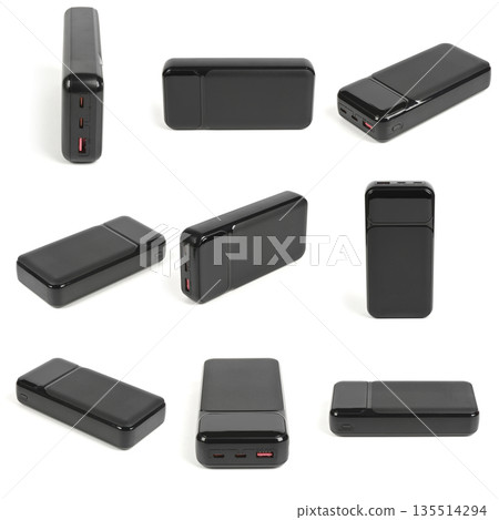 Nine Black Portable Power Bank External Battery Isolated on White Background 135514294