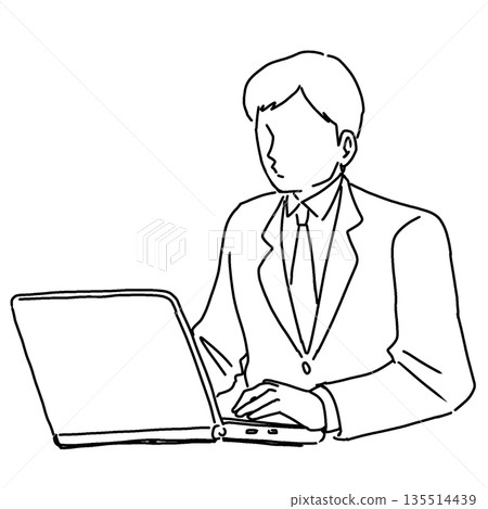 線條畫插圖，描繪一名男子在電腦前工作 1 135514439