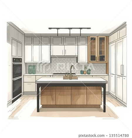 帶櫃檯的時尚廚房室內設計 135514780