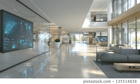 luxurious modern office lobby, reception area with high ceilings, marble floors, glass walls, contemporary furniture. Features a huge screen displaying complex global data and network visualization. 135514838