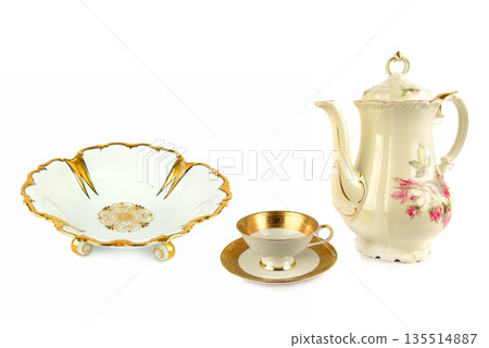 Luxury Ceramic Tableware Collection on White Background Luxury Ceramic Tableware Collection on White Background 135514887