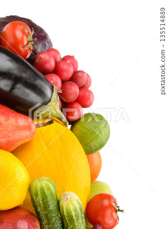 Assortment of Fresh Fruits and Vegetables on White Background 135514889